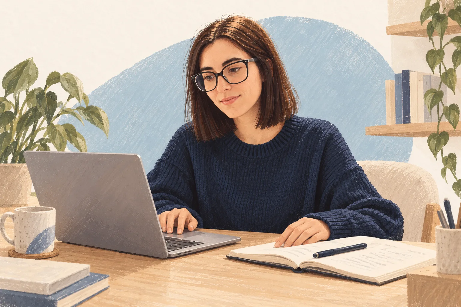 Retrato ilustrado de Elena trabajando con un portátil